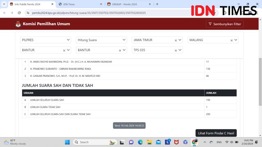 screenshot pada laman KPU. (IDN Times/Istimewa).