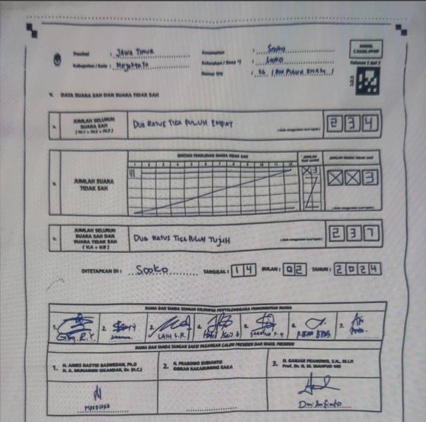 Tangkapan layar Formulir C Hasil Final Total Suara Sah dan Tidak Sah untuk Pemilihan Presiden dan Wakil Presiden di TPS 026 Desa Sooko, Kecamatan Sooko, Kabupaten Mojokerto (pemilu2024.kpu.go.id)
