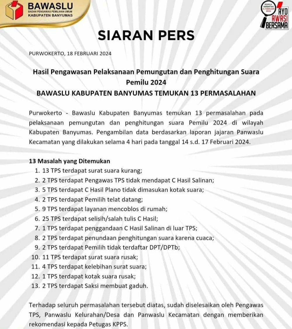 Data hasil pengawasan pemilu 2024 di kabupaten Banyumas.( IDN Times/Dok. Bawaslu)