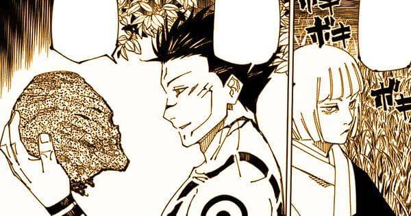 Sukuna bersiap memakan kepala mumi hadiah Kenjaku ( Dok. Shueisha / Jujutsu Kaisen )