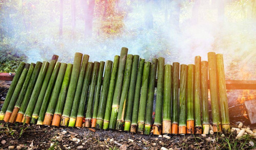 ilustrasi memasak nasi jaha dengan bambu (vecteezy.com/Bigc Studio)
