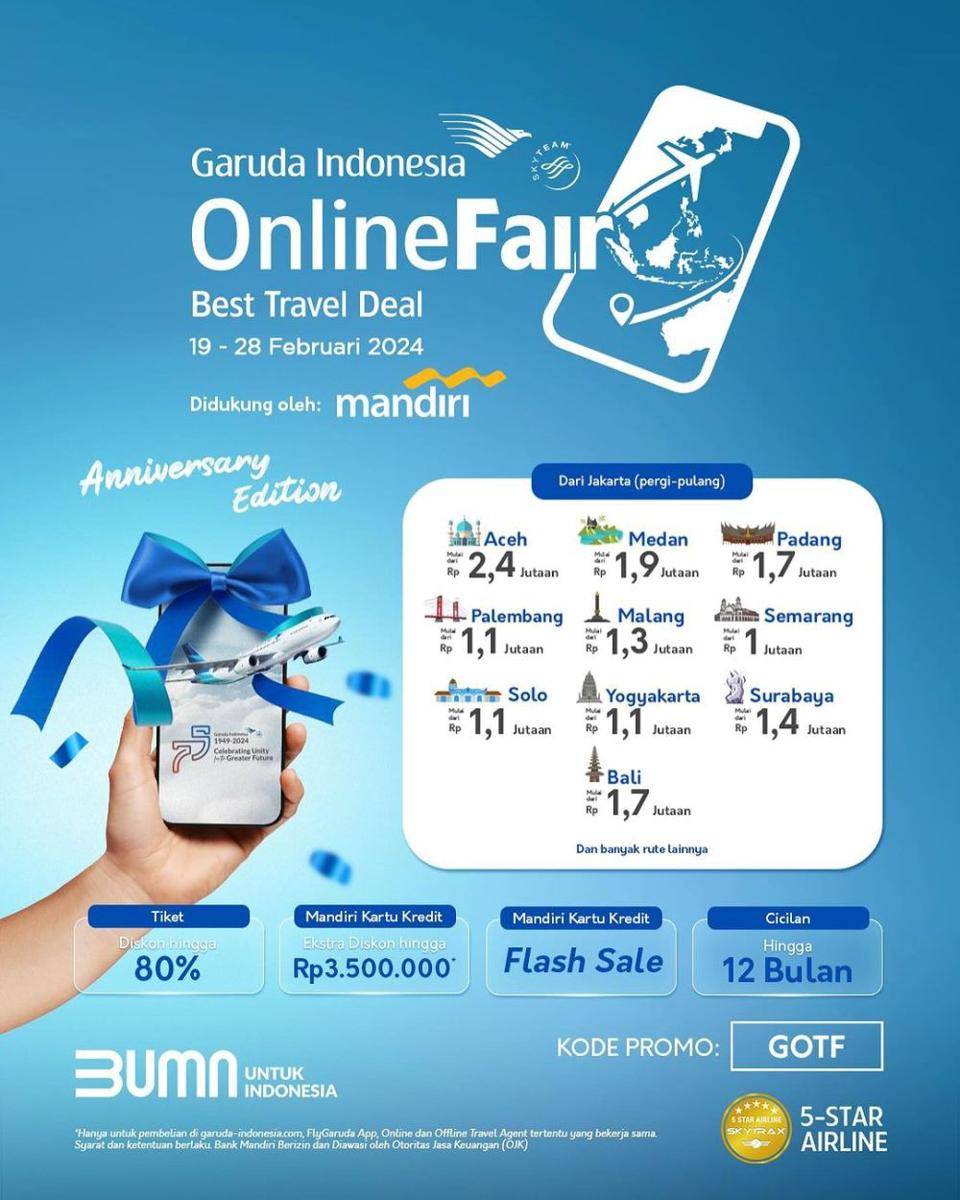 Promo tiket Garuda Indonesia Online Travel Fair 2024 hingga 80% (instagram.com/garuda.indonesia)
