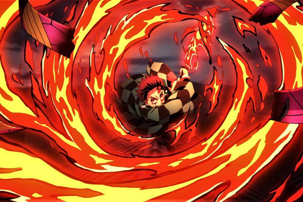 Tanjiro menggunakan Hinokami kagura (dok. Ufotable/Demon Slayer: Kimetsu no Yaiba)