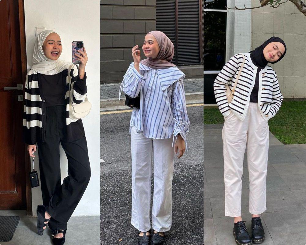 10 Ide Mix and Match Atasan Stripe ala Maryam Nurul, Kece Abis!