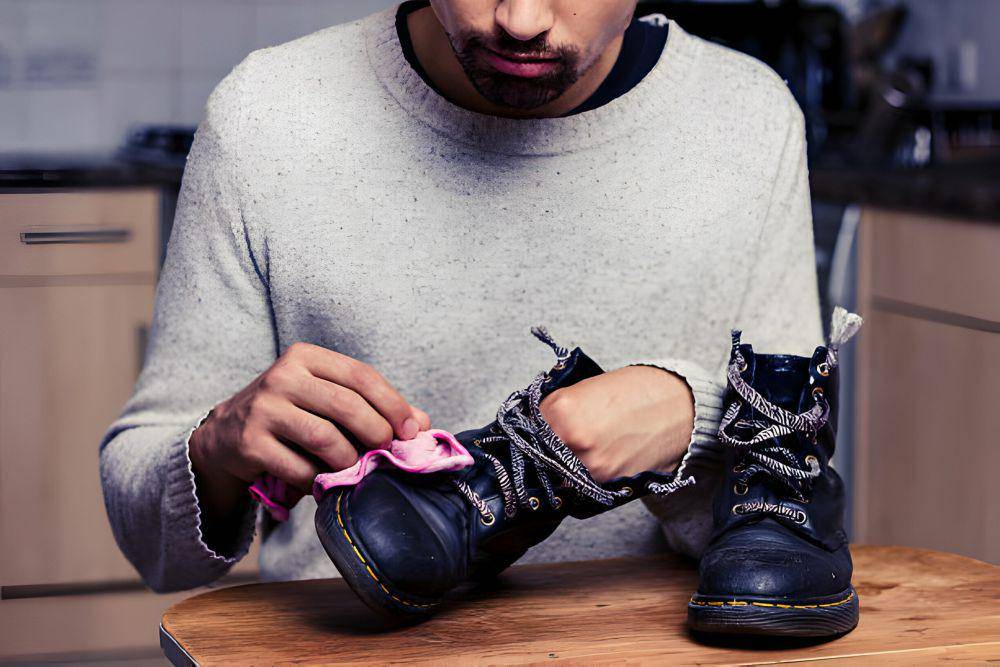 ilustrasi pria membersihkan sepatu boot dari kotoran dan debu (istockphoto.com/lolostock)