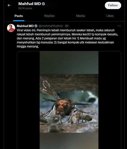 Tangkapan Layar Cuitan X Mahfud MD tentang analogi tawon lebah yang salah (twitter.com/MahfudMD)