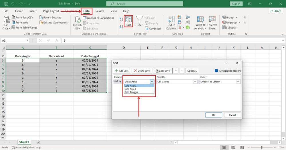 ilustrasi cara mengurutkan data di Excel (IDN Times/Laili)