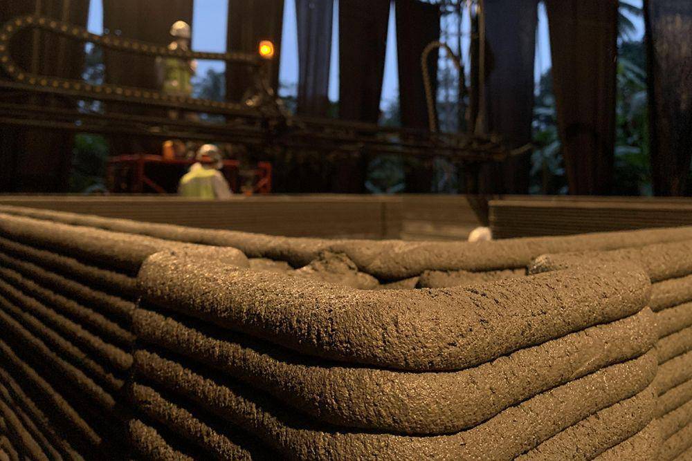 Lapisan demi lapisan struktur dinding yang dicetak menggunakan teknologi 3D Printing dalam pembangunan rumah tapak di Sleman. (Dok. Istimewa)