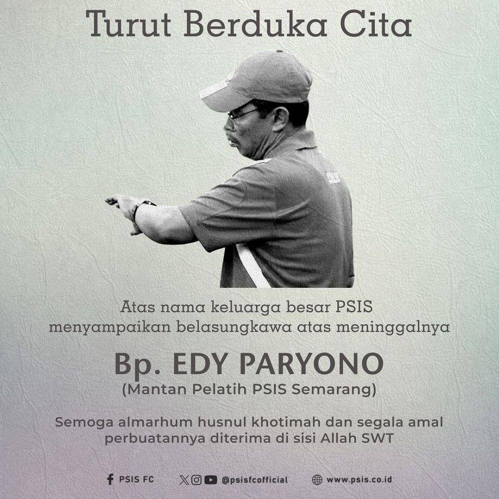 Foto postingan kabar duka mantan pelatih PSIS Semarang, Edy Paryono. (instagram.com/@psisfcofficial)