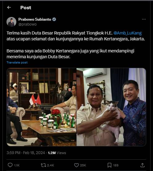 Tangkapan layar Twitter Prabowo (twitter.com/prabowo)