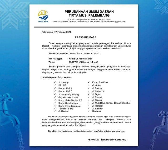 PDAM Tirta Musi Palembang Setop Distribusi Air di Borang