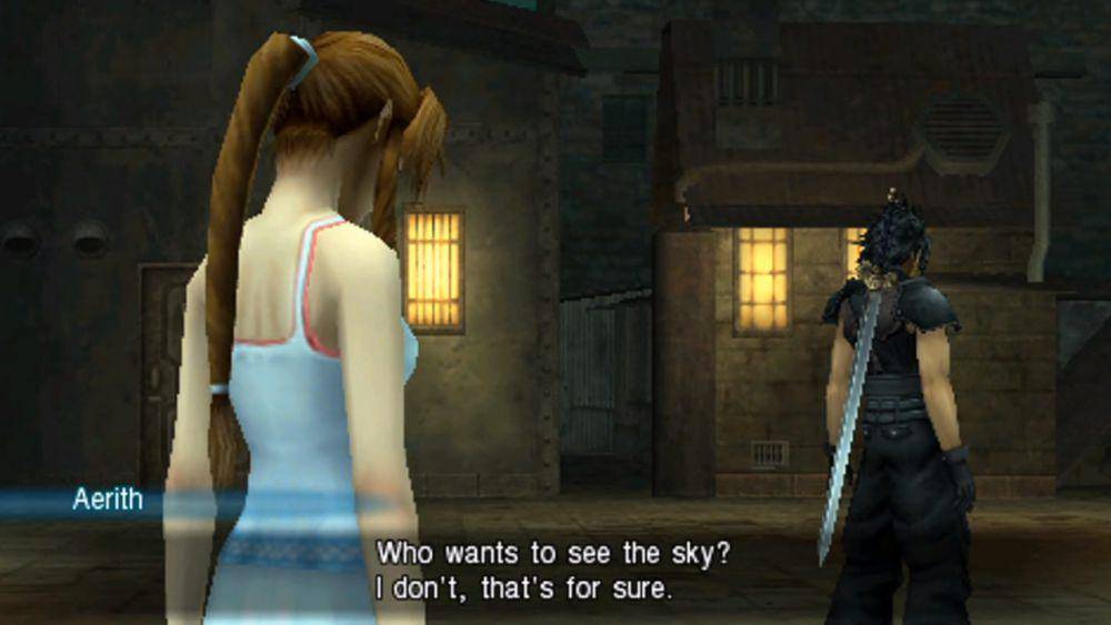 Aerith mengatakan ketidaksukaan pada langit kepada Zack. (dok. Square Enix/Crisis Core -Final Fantasy VII-)