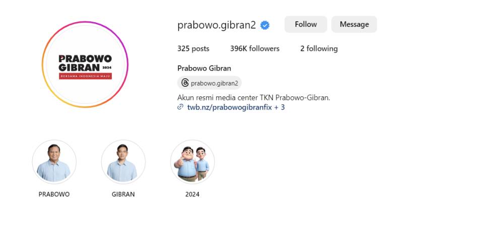 Tangkapan layar akun Instagram Prabowo-Gibran (instagram.com/@prabowo.gibran2)