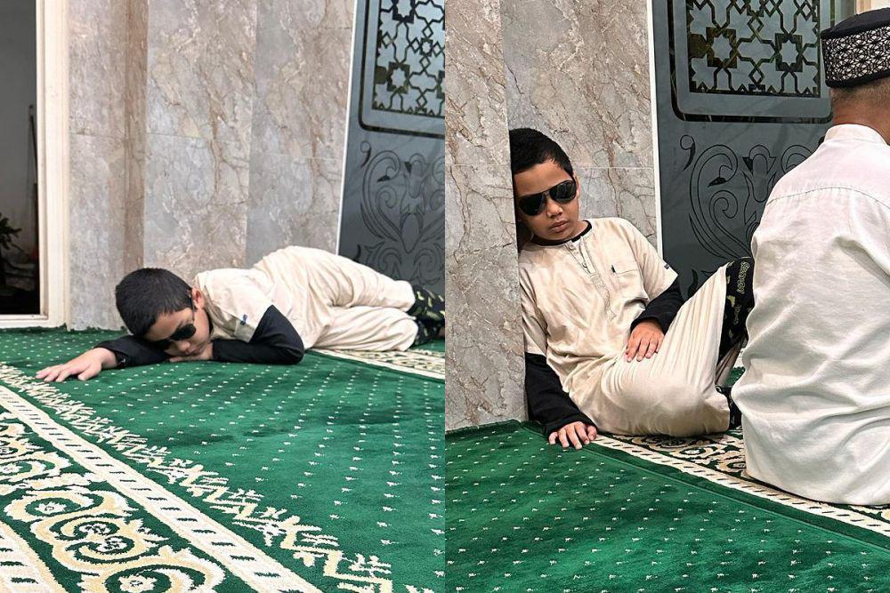7 Potret Adam Anak Teuku Wisnu Ketiduran di Masjid, Nyenyak!