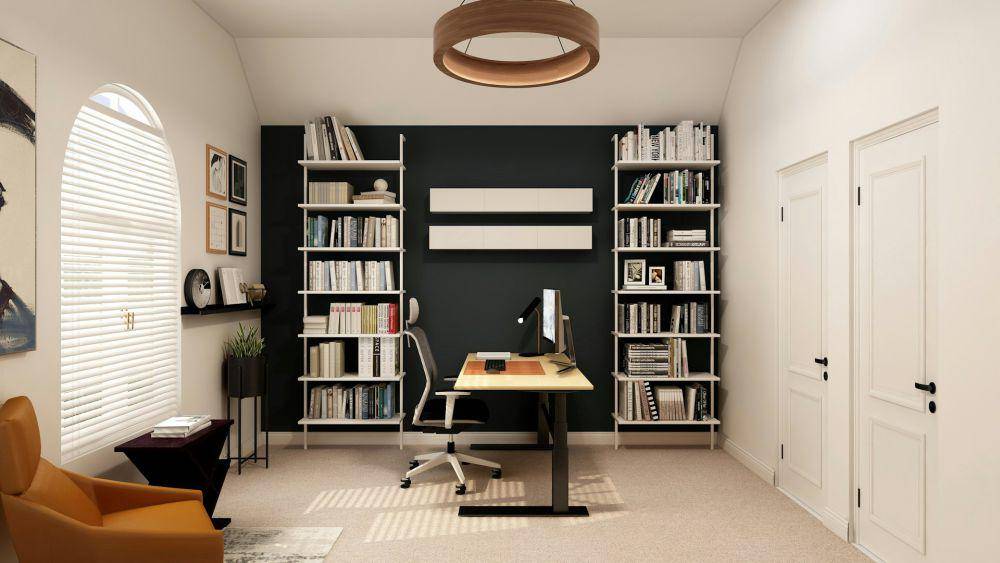 ilustrasi ruang kerja dengan rak buku (unsplash.com/Collov Home Design)
