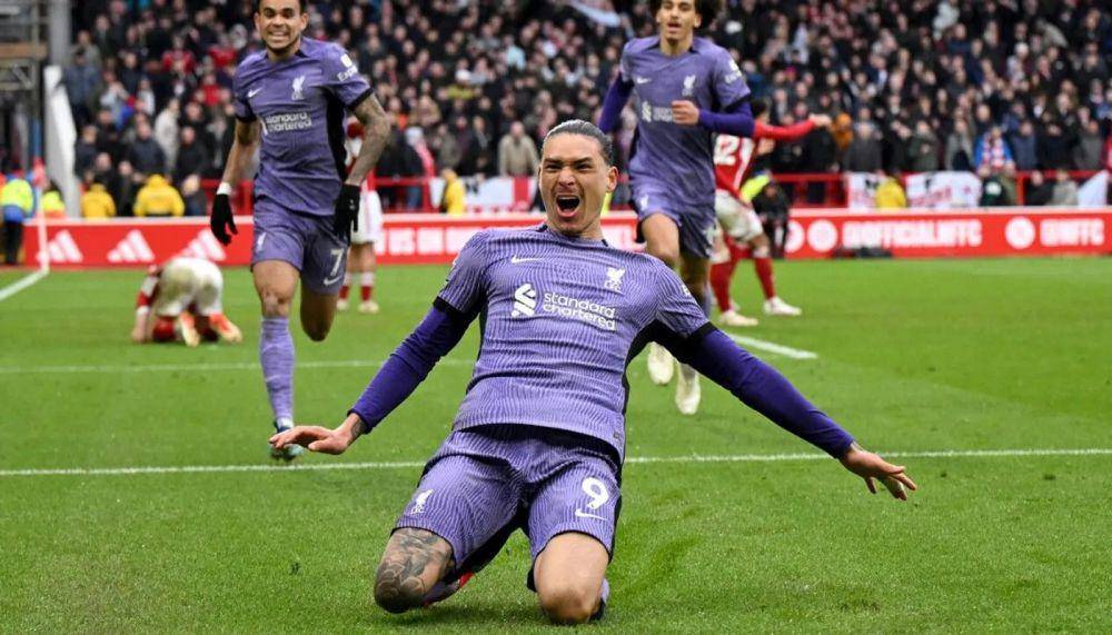 Selebrasi striker Liverpool, Darwin Nunez, usai mencetak gol ke gawang Nottingham Forest di Premier League 2023/2024. (premierleague.com)