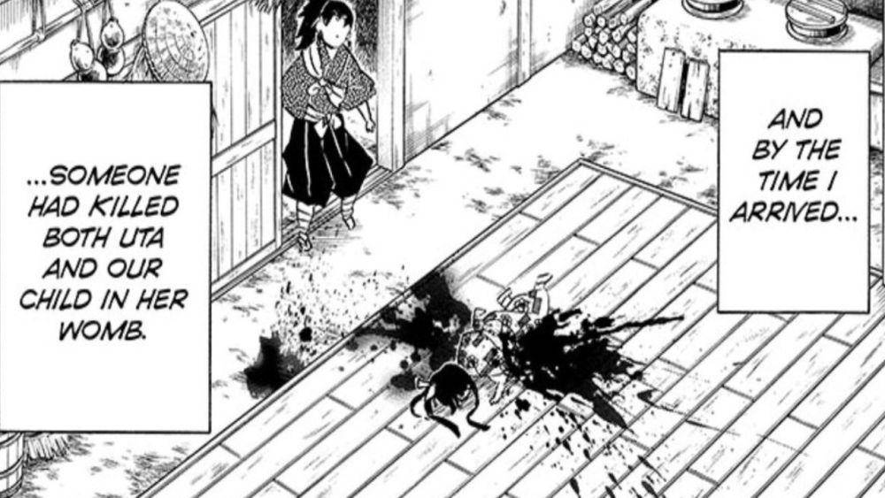 Yoriichi menyaksikan Uta tewas bersimbah darah. (dok. Viz Media/Demon Slayer: Kimetsu no Yaiba)