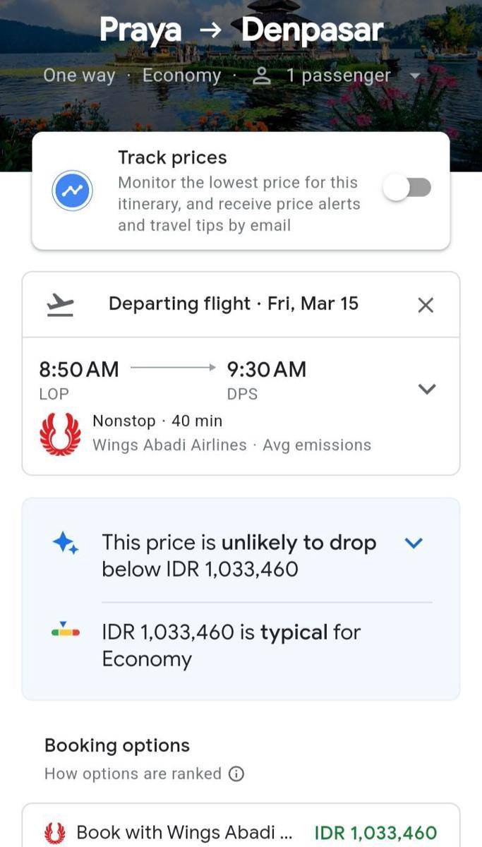Harga tiket pesawat rute Lombok - Bali. (google.com)