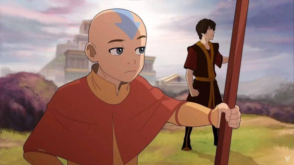 Aang memegang tongkat dengan ekspresi serius sementara Zuko berdiri di latar belakang dalam adegan dari serial animasi Avatar: The Last Airbender.