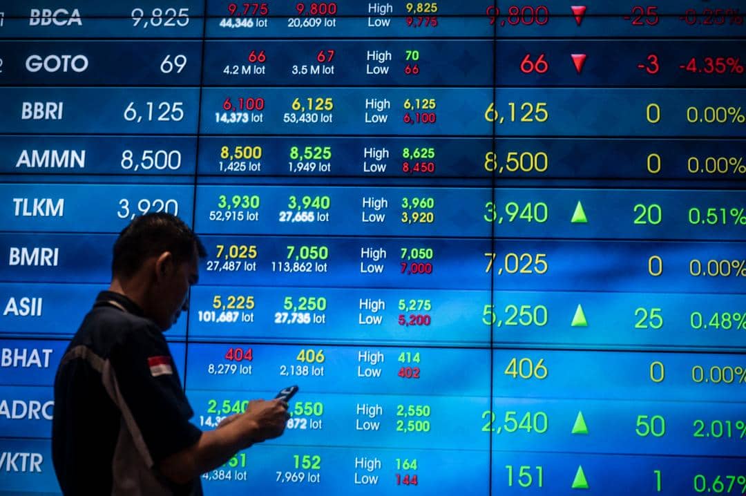 Layar yang menunjukkan laju Indeks Harga Saham Gabungan (IHSG) di gedung Bursa Efek Indonesia (BEI). (ANTARA FOTO/Aprillio Akbar)