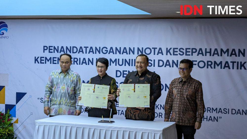 Nota kesapahaman antara Kementerian Kominfo dengan Microsoft Indonesia yang dilakukan pada Kamis (14/03/2024) (IDN Times/Misrohatun)