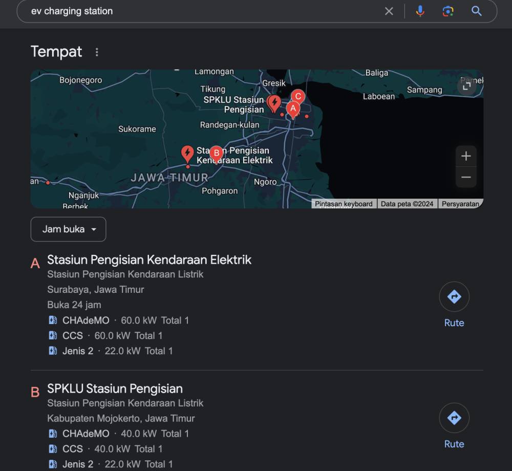 pencarian EV charging stations di penelusuran Google (dok. Google)