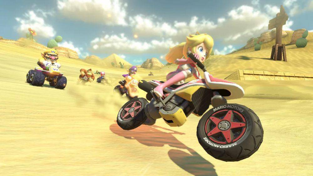 Princess Peach tampil sangar dengan mengendarai motor trail dalam game Mario Kart 8 Deluxe. (dok. Nintendo/Mario Kart 8 Deluxe)