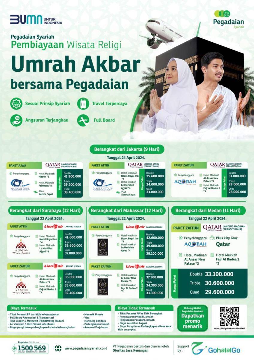 Pegadaian menyelenggarakan Umrah Akbar Pegadaian dengan jadwal keberangkatan 22, 23, dan 24 April 2024. (dok. Pegadaian)