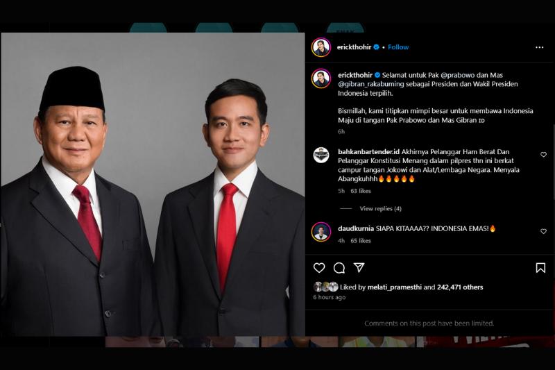 Prabowo-Gibran Menang, Erick Titip Mimpi Besar Bawa Indonesia Maju