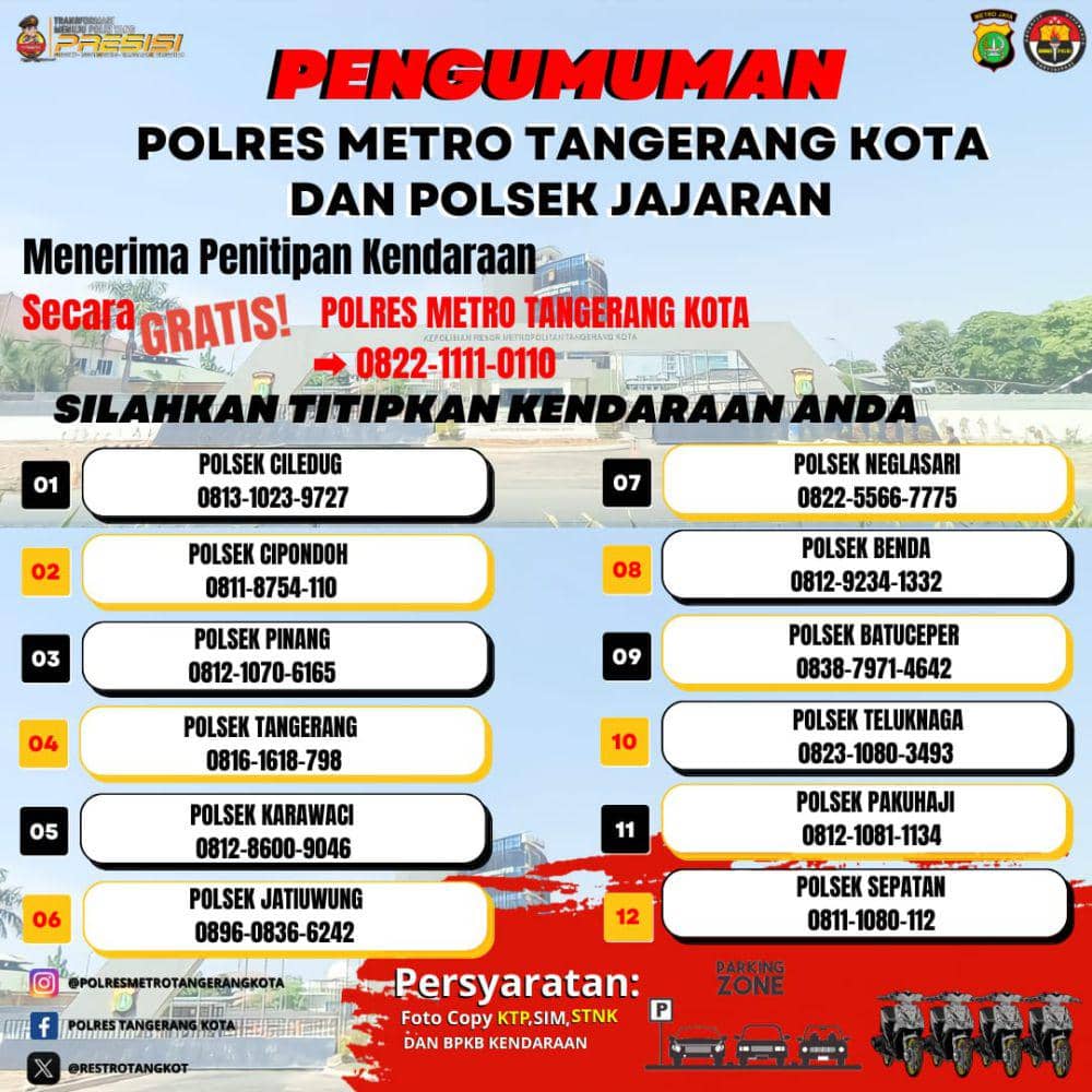 Pemudik Bisa Titip Kendaraan di Kantor Polisi di Tangerang Gratis