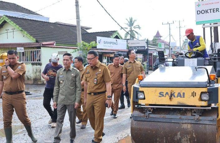 Pj Wako Ratu Dewa dan Dinas PUPR meninjau jalan rusak di Palembang (Dok. Kominfo Palembang)