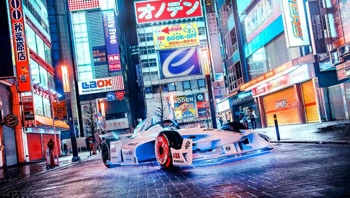 tampilan replika mobil Formula E Gen3 dengan corak khas mobil balap Jepang hasil karya Liberty Walk (fiaformulae.com)