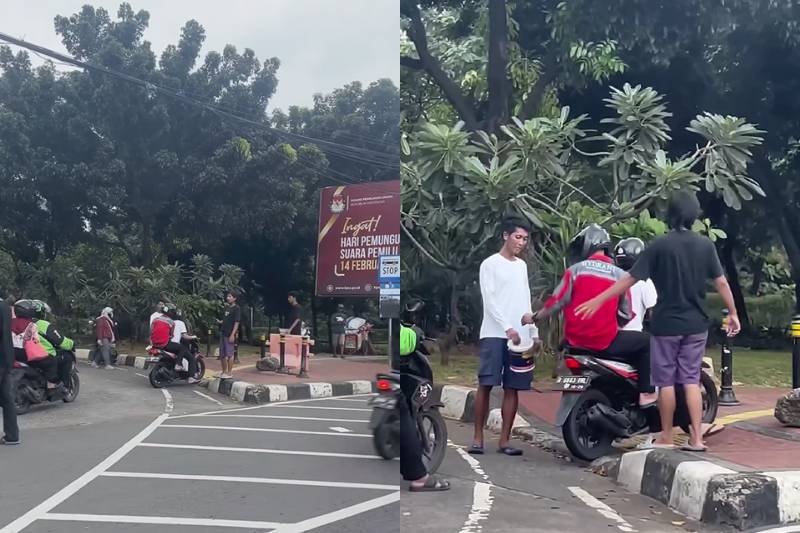 Sejumlah pemuda pungut jasa naik ke trotoar bagi pemotor yang melintas depan gedung DPR. (instagram.com/fakta.jakarta)