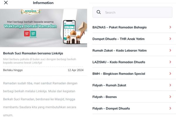 Tampilan pilihan opsi lembaga amil zakat di aplikasi LinkAja untuk pembayaran Zakat Fitrah (dok. pribadi/Reyvan Maulid)