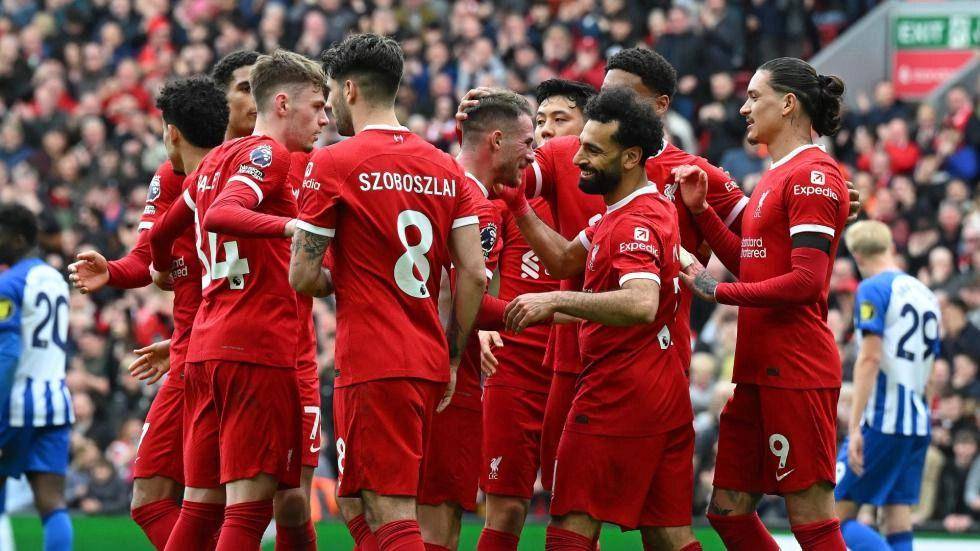 Selebrasi para pemain Liverpool usai mencetak gol ke gawang Brighton di Premier League 2023/2024. (liverpoolfc.com)