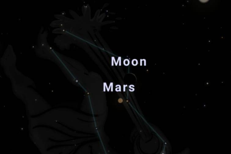 ilustrasi konjungsi Bulan dan Mars. (stellarium-web.org)