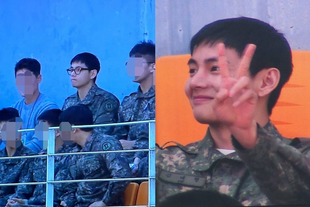 potret V BTS nonton sepak bola pakai seragam militer (via Allkpop)