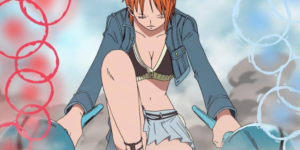 Nami mengenakan paduan jaket jeans dan rok mini (dok. Toei Animation/One Piece)