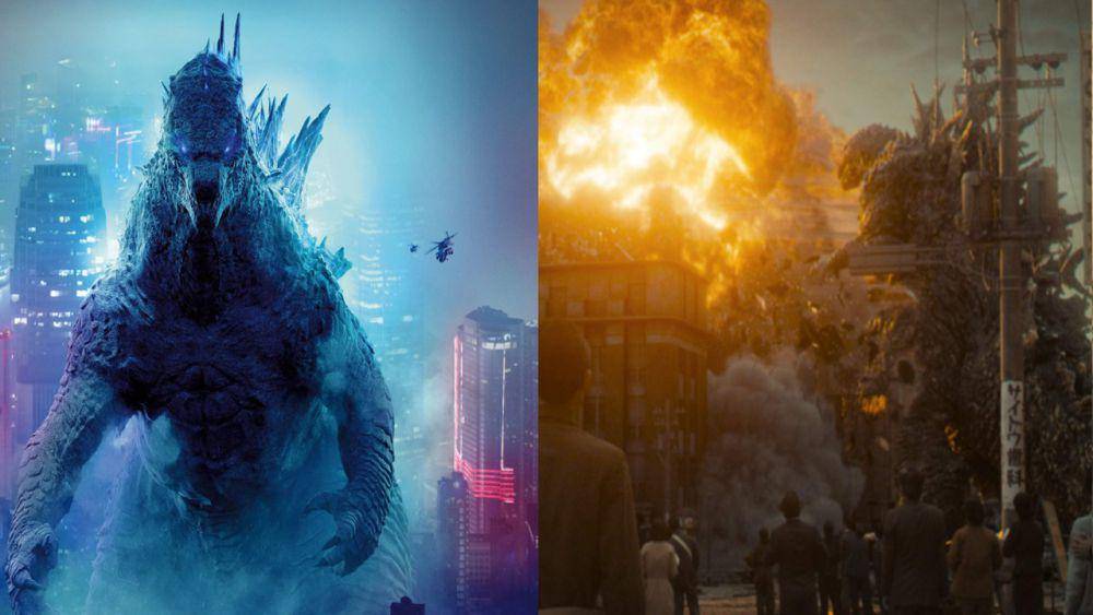 perbandingan ukuran Godzilla MonsterVerse (kiri) dan Godzilla versi Godzilla Minus One (kanan) di antara gedung (dok. Legendary Pictures/Godzilla vs. Kong | dok. Toho/Godzilla Minus One)