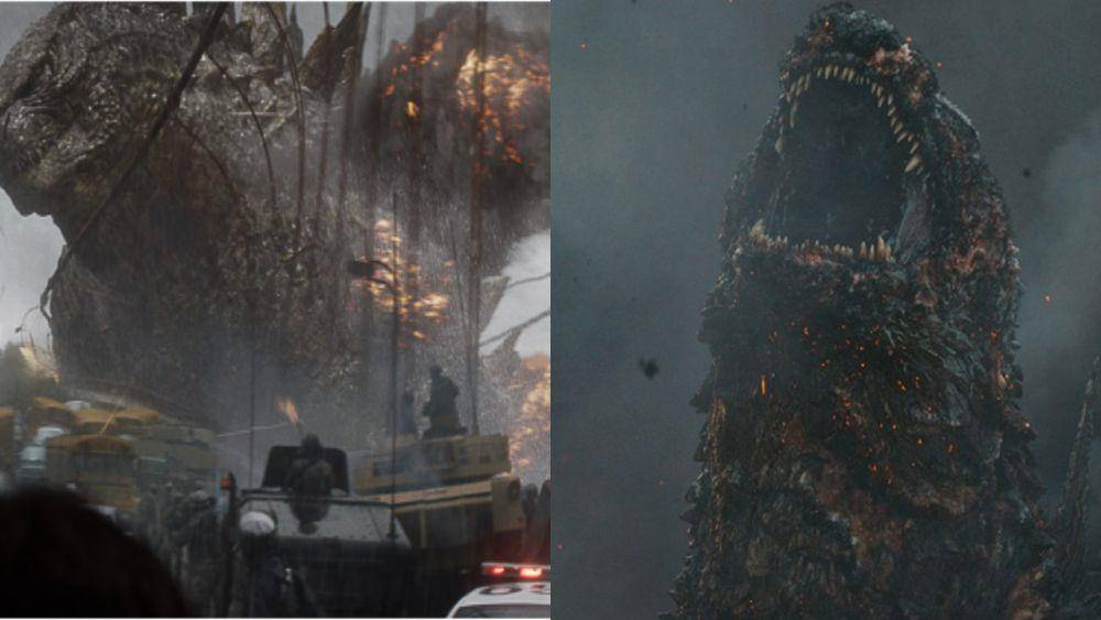 respons Godzilla terhadap serangan misil versi MonsterVerse yang tak terluka (kiri) vs. Godzilla versi Godzilla Minus One yang babak belur (kanan) (dok. Legendary Pictures/Godzilla vs. Kong | dok. Toho/Godzilla Minus One)