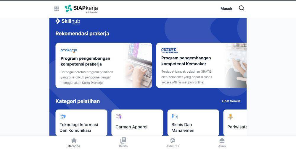 Rekomendasi pelatihan di SIAPkerja (Tangkapan layar situs SIAPkerja)