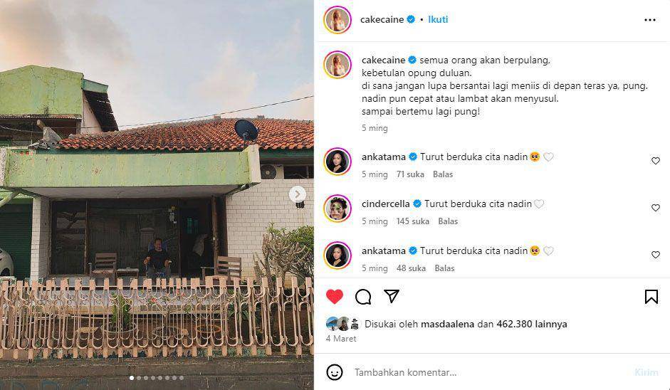 Unggahan Nadin saat opungnya meninggal (Dok. instagram @cakecaine)