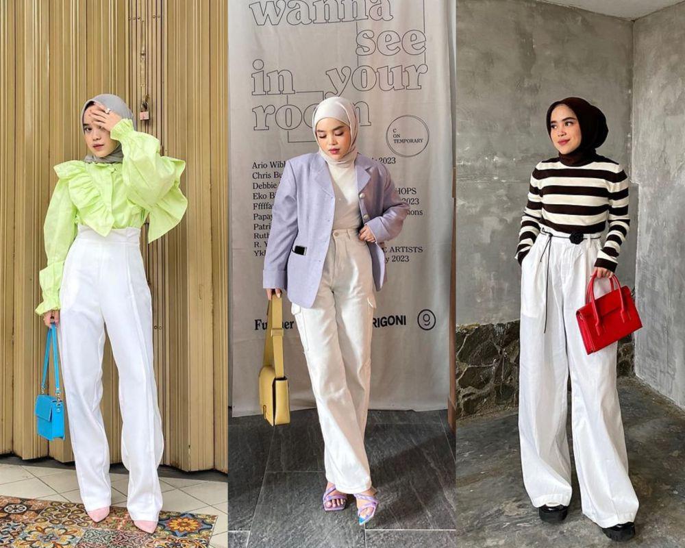 9 Ide Padu Padan Celana Putih ala Raihana Nusaibah, Stylish Abis!