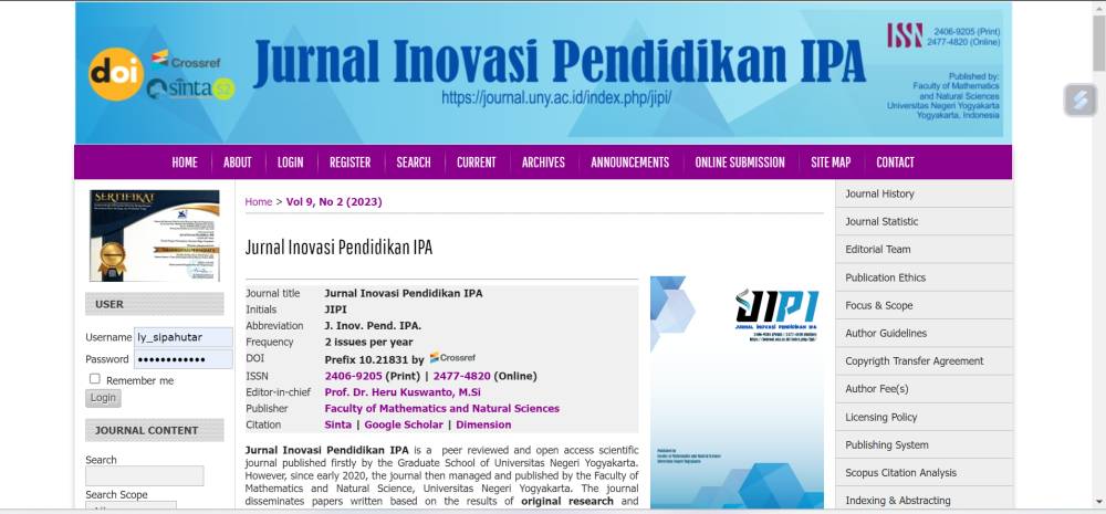 Potret situs Jurnal Pendidikan IPA (dok. Jurnal Inovasi Pendidikan IPA)