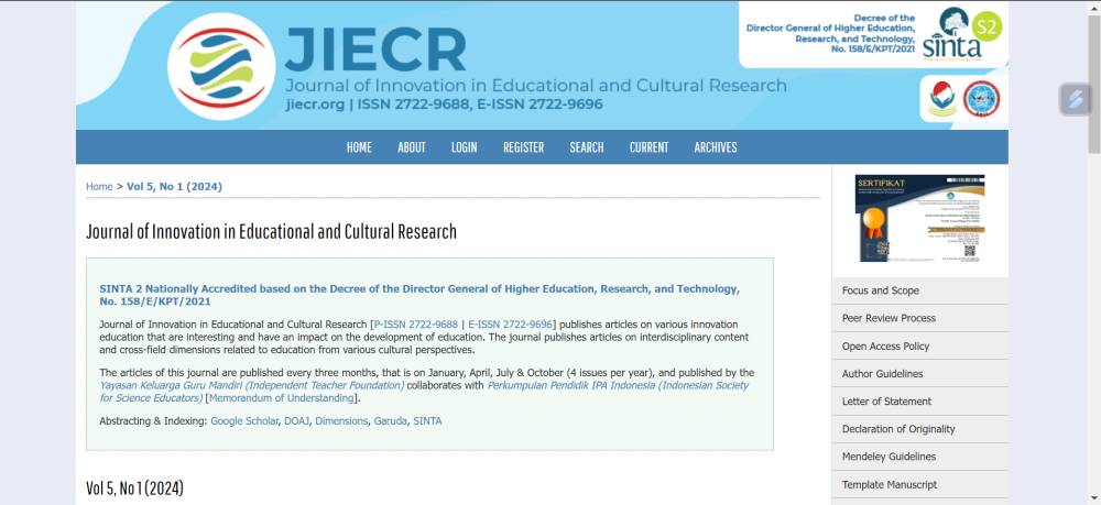 potret situs Journal of Innovation in Educational and Cultural Research dok. Journal of Innovation in Educational and Cultural Research)