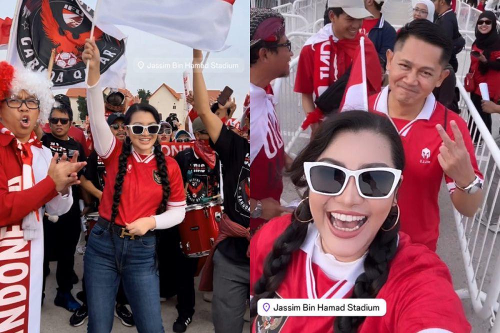 7 Momen Fitri Carlina Nonton Laga Timnas U-23 di Qatar, Penuh Semangat