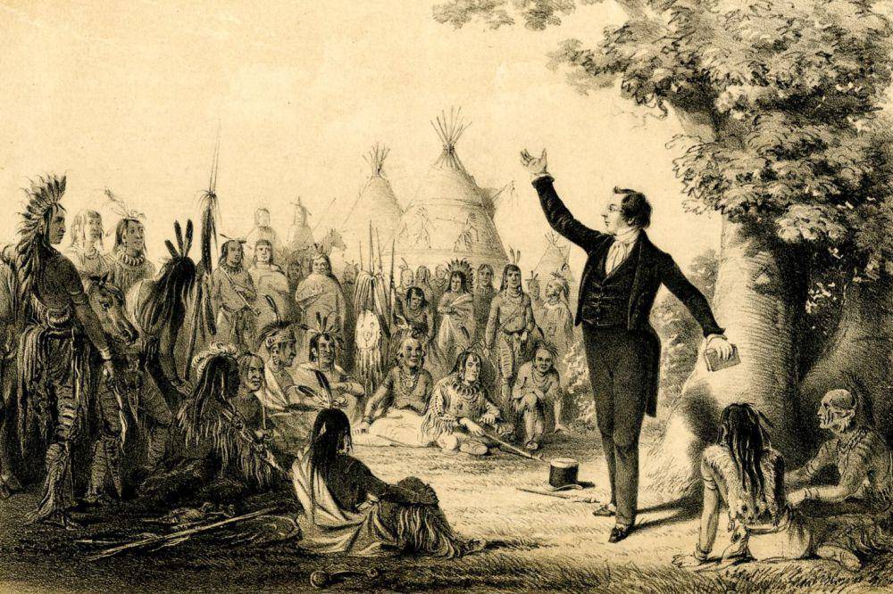 ilustrasi Joseph Smith (Presiden Gereja Yesus Kristus dari Orang-Orang Suci Zaman Akhir) berdiri di depan sekelompok penduduk asli Amerika dan sedang berkhotbah, sekitar tahun 1843 (commons.wikimedia.org/The Trustees of the British Museum)