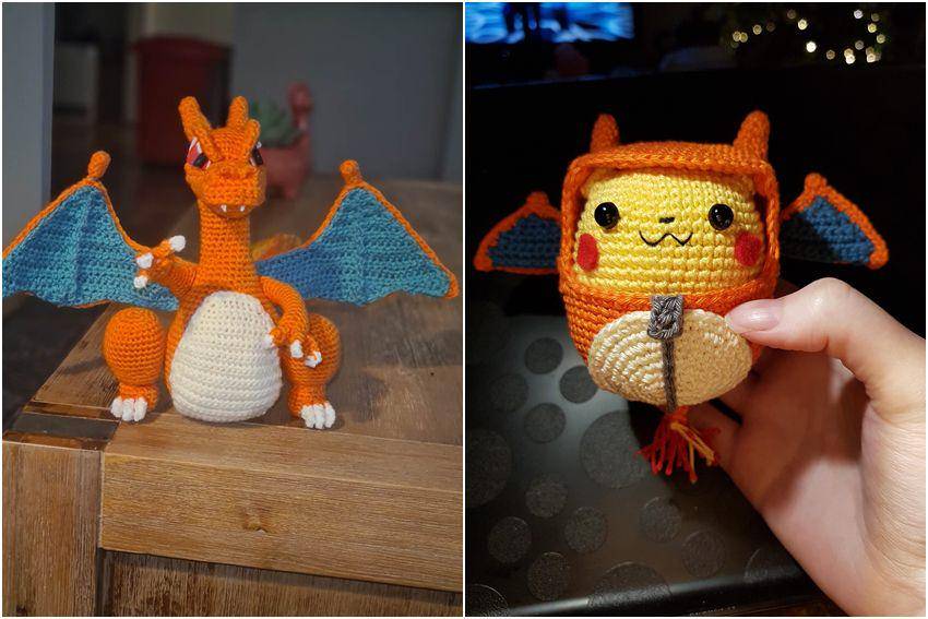 kolase potret rajutan tangan bertema Charizard (reddit.com/user/eb0nyg0ld | reddit.com/user/FluffyRedPandaTail)