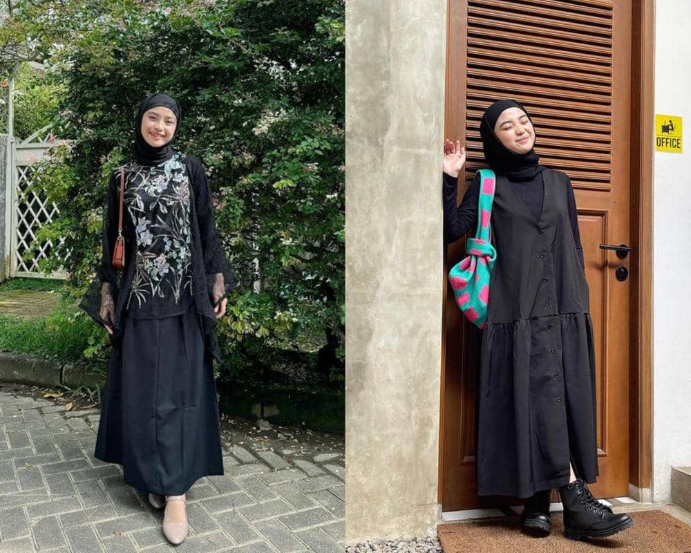 10 OOTD Hijab Nuansa Hitam ala Tania Dewi, Gak Bikin Bosan