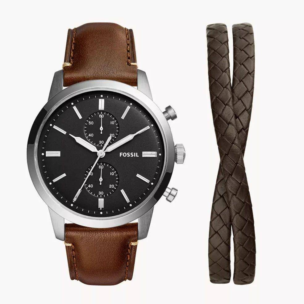 Fossil Townsman Chronograph Brown Eco Leather Watch and Bracelet Set｜ FS5967SET (timekeeper.store)